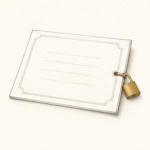 無地の証書に小さな金茶の南京錠がかかっている線画