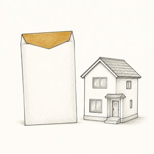 無地の給与袋と、その横の小さな家の模型の線画