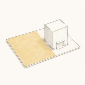 土地の区画の6割が金茶に塗られ、その上に会社ビルの模型が載っている線画