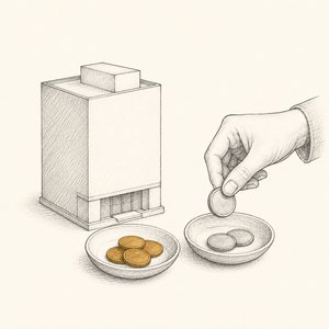 会社ビルの模型の隣で、硬貨を2枚の小皿に分けている手元の線画