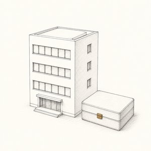 真新しい会社ビルの模型の横に、封を切っていない印鑑箱がある線画