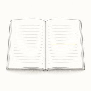 開いた冊子の1行だけに金茶の下線が引かれている線画