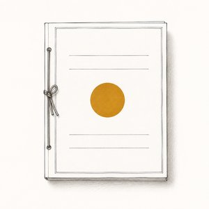 ひもで綴じた書類の表紙に、金茶の丸い印影がひとつ押されている線画