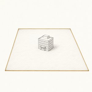 大きな土地の区画の上に、小さな会社ビルの模型がひとつ載っている線画
