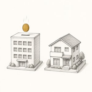 硬貨が会社ビルの模型の投入口に落ちかけている線画
