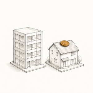 空っぽの会社ビルの模型の横で、硬貨が家の模型の上に載っている線画