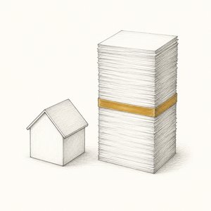 家の模型の横に、家より背の高い借用書の束が立っている線画