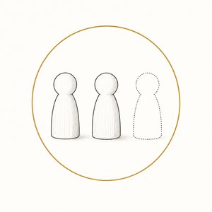 人の形の駒が3つ並び、右端は点線だが、3つとも金茶の円で囲まれている線画