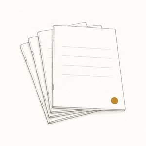 罫線の冊子が数冊重なり、いちばん上の冊子に金茶の印影がある線画
