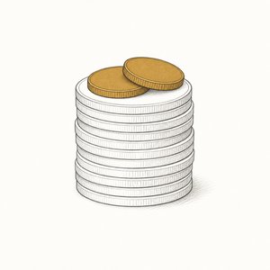 硬貨の山のいちばん上に、金茶の硬貨が2枚余分に載っている線画