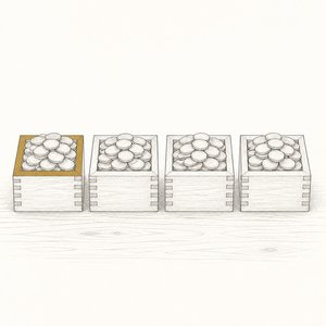 同じ形の木の升が4つ横一列に並び、どれも同じ高さまで硬貨が入っている線画