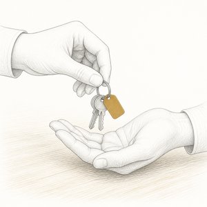 小さな鍵束を片方の手からもう片方の手へ渡している手元の線画