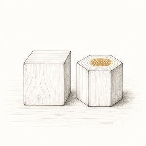 四角い木のブロックと六角形の木のブロックが1つずつ並んでいる線画