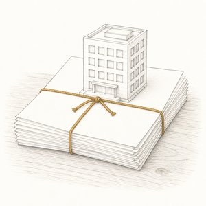 紐で綴じた無地の書類の綴りの上に会社ビルの模型が載っている線画