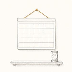 罫線のマス目だけの暦と、その下に置かれた小さな砂時計の線画