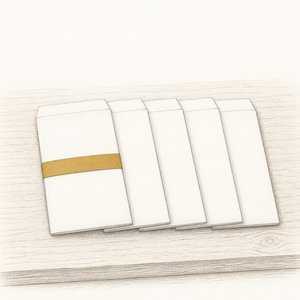 同じ大きさの封筒が5通、少しずつずらして重なって並ぶ線画