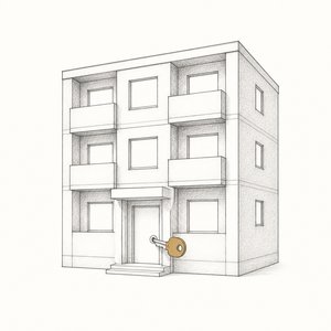小さな集合住宅の模型の玄関に鍵が1本差し込まれている線画
