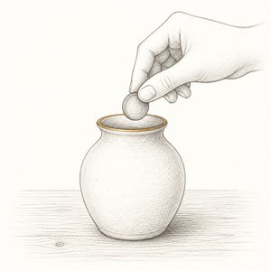 口の細い小さな壺に硬貨を1枚入れている手元の線画