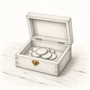 蓋を開けた小さな木箱に硬貨がひと山だけ入っている線画