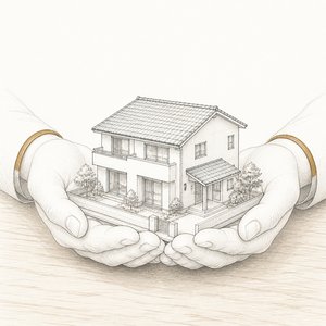 開いた両手のひらの上に家の模型がまるごと載っている線画