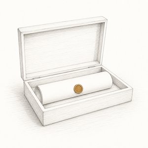 蓋を開けた桐箱に無地の巻いた証書が1本おさまっている線画