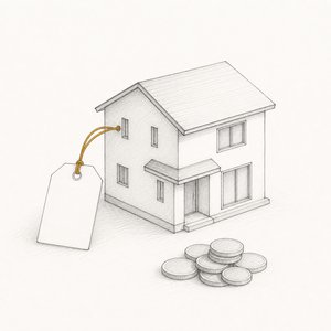 無地の下げ札が付いた家の模型と、手前の硬貨の山の線画
