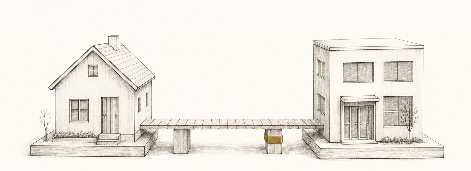 一戸建ての家の模型から会社ビルの模型へ、木の板の橋が渡してある鉛筆の線画