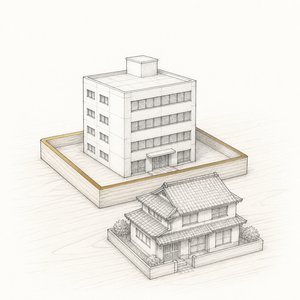 浅い木の受け皿に載った会社ビルの模型と、手前に置かれた家の模型の線画