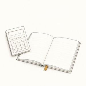 電卓と、開いた無地の帳面が机に並んでいる線画