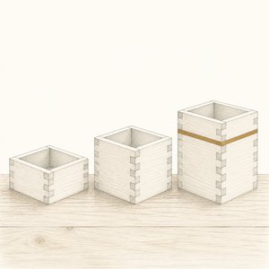高さの違う3つの木の枡が低い順に横一列に並ぶ線画