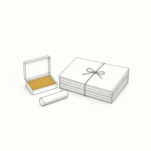 会社の実印と朱肉箱、ひもで綴じた無地の書類の線画