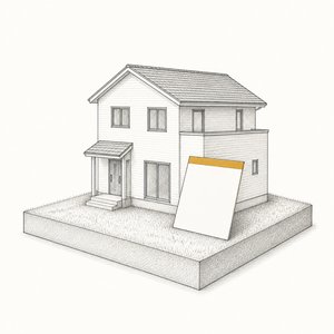 芝生の台座に建つ家の模型と、脇に立てかけた無地の届出書の線画
