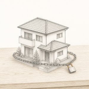 細い鎖がひと巻きされた家の模型と、下がった南京錠の線画