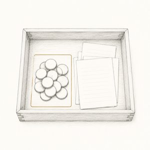 木箱の中の硬貨の山だけが金茶の枠で囲まれ、書類は枠の外にある線画