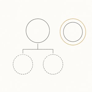 家系図の線画。子の丸が2つとも点線で、親と同じ高さの兄弟の丸だけが金茶の円で囲まれている