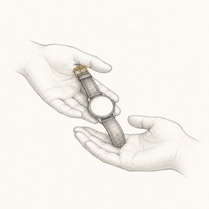 古い腕時計を、手のひらから別の手のひらへ渡している手元の線画