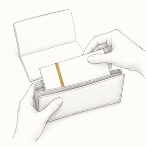通帳から取り出した紙幣を長財布に入れている手元の線画