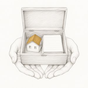 家の模型と書類の束が入った木箱を、両手で受け取っている手元の線画