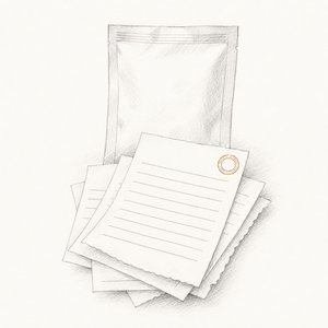 薬袋の手前に領収書が数枚あり、いちばん上の印影だけが金茶の線画