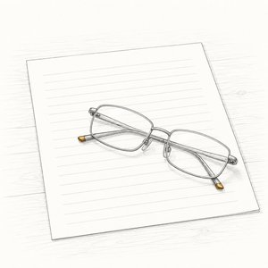 机の上の申告用紙に、たたんだ老眼鏡が置かれている線画