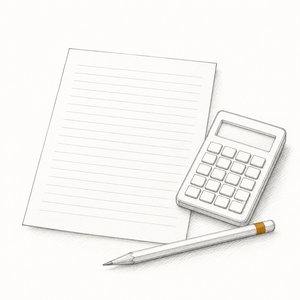 申告用紙と電卓と、削りたての鉛筆の線画