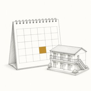 マス目だけの卓上カレンダーとアパートの模型。マス目のひとつだけが金茶の線画