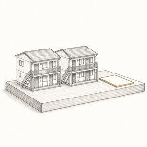 台の上に2階建てアパートの模型が2つ並び、隣に3つ目の空の土台がある線画
