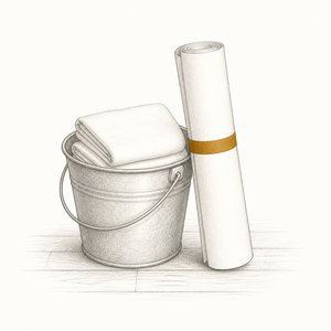 布を入れたブリキのバケツと、立てかけた丸めた壁紙の線画