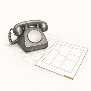 受話器を置いたままの黒電話と、無地の間取り図が1枚置かれている線画