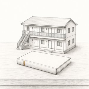2階建てアパートの模型と、机に伏せて置かれた無地の帳面の線画