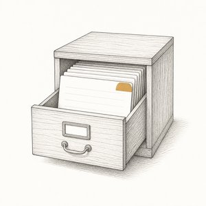引き出しを一段開けた木のファイル箱に、無地の書類が立ち並んでいる線画