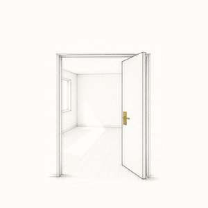 開いたドアから光が差し込む、家具のない部屋の線画
