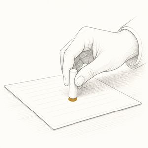 無地の罫線が引かれた契約書に印鑑を押している手元の線画