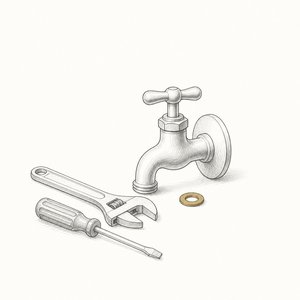 レンチとドライバー、その横に置かれた水道の蛇口の線画